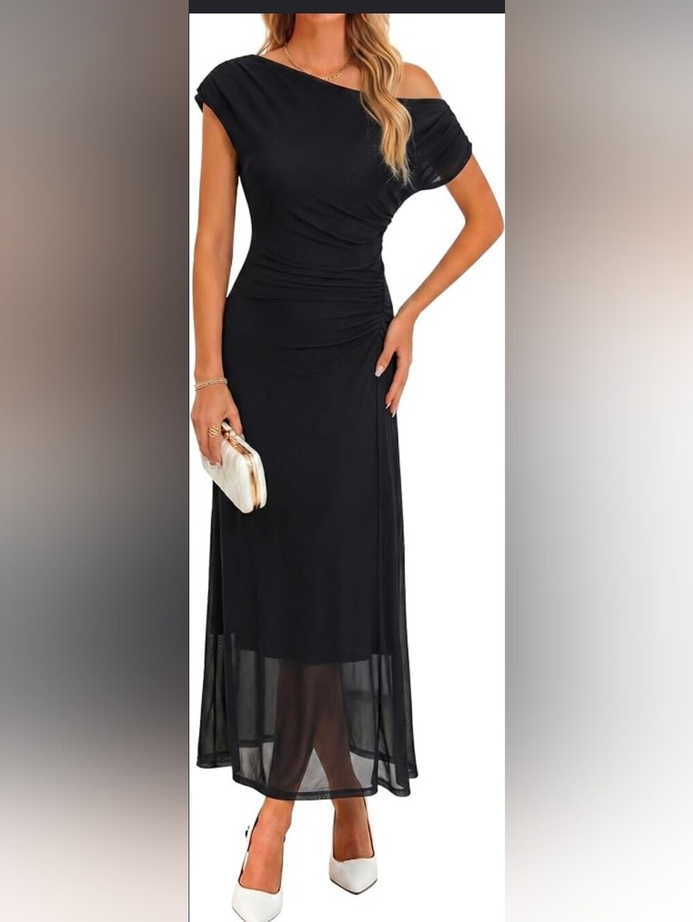 Classic Black Draped Maxi Dress - Women's Evening Gown